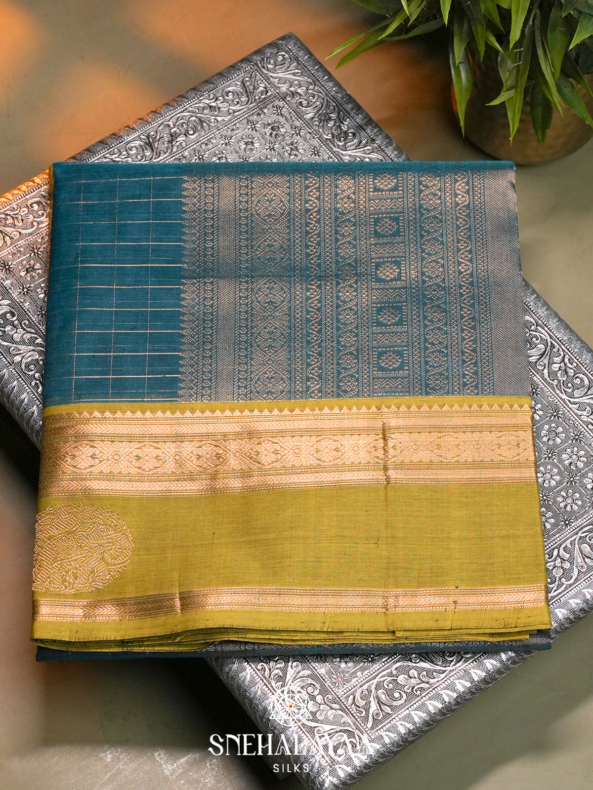 Teal Blue Kanchi Silk Cotton Saree with Zari Checks & Contrast Mustard Border