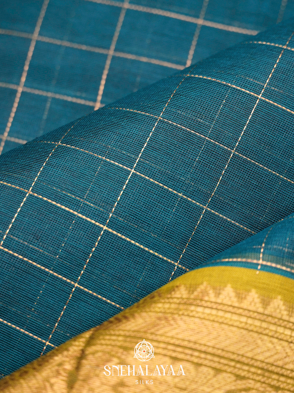 Teal Blue Kanchi Silk Cotton Saree with Zari Checks & Contrast Mustard Border