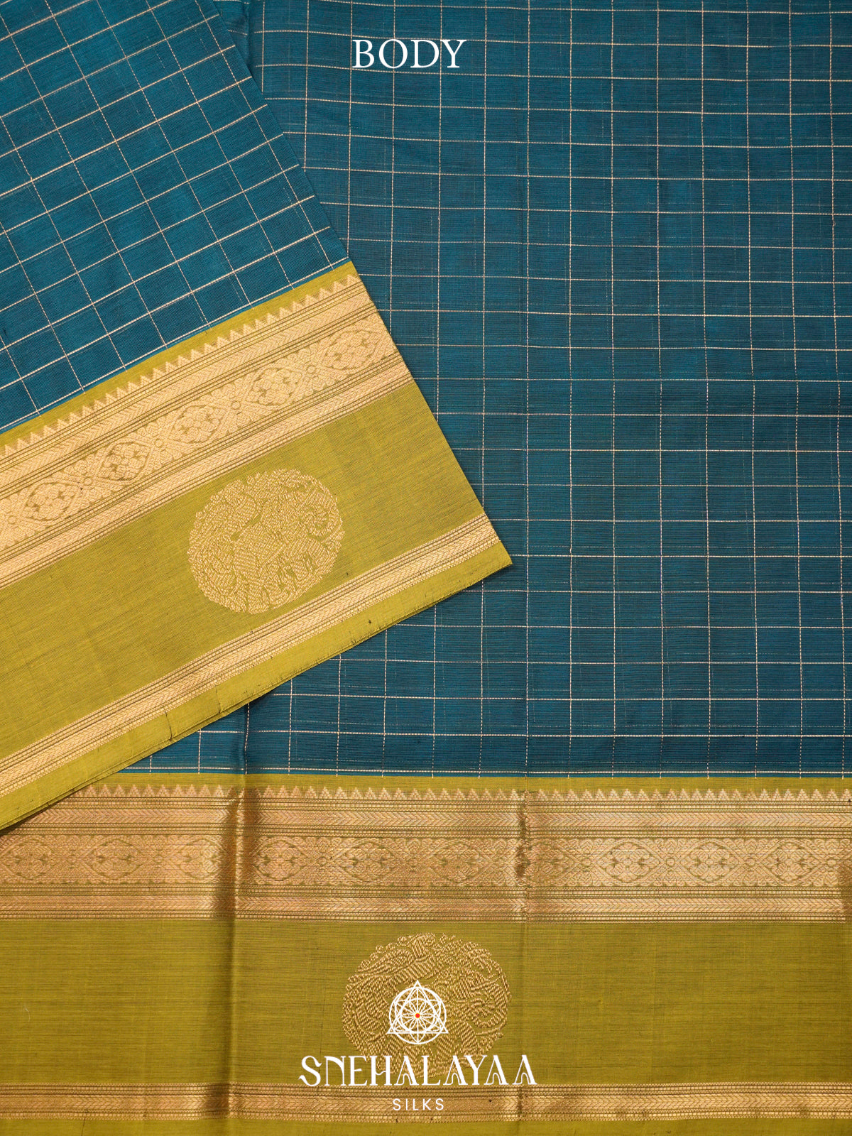 Teal Blue Kanchi Silk Cotton Saree with Zari Checks & Contrast Mustard Border