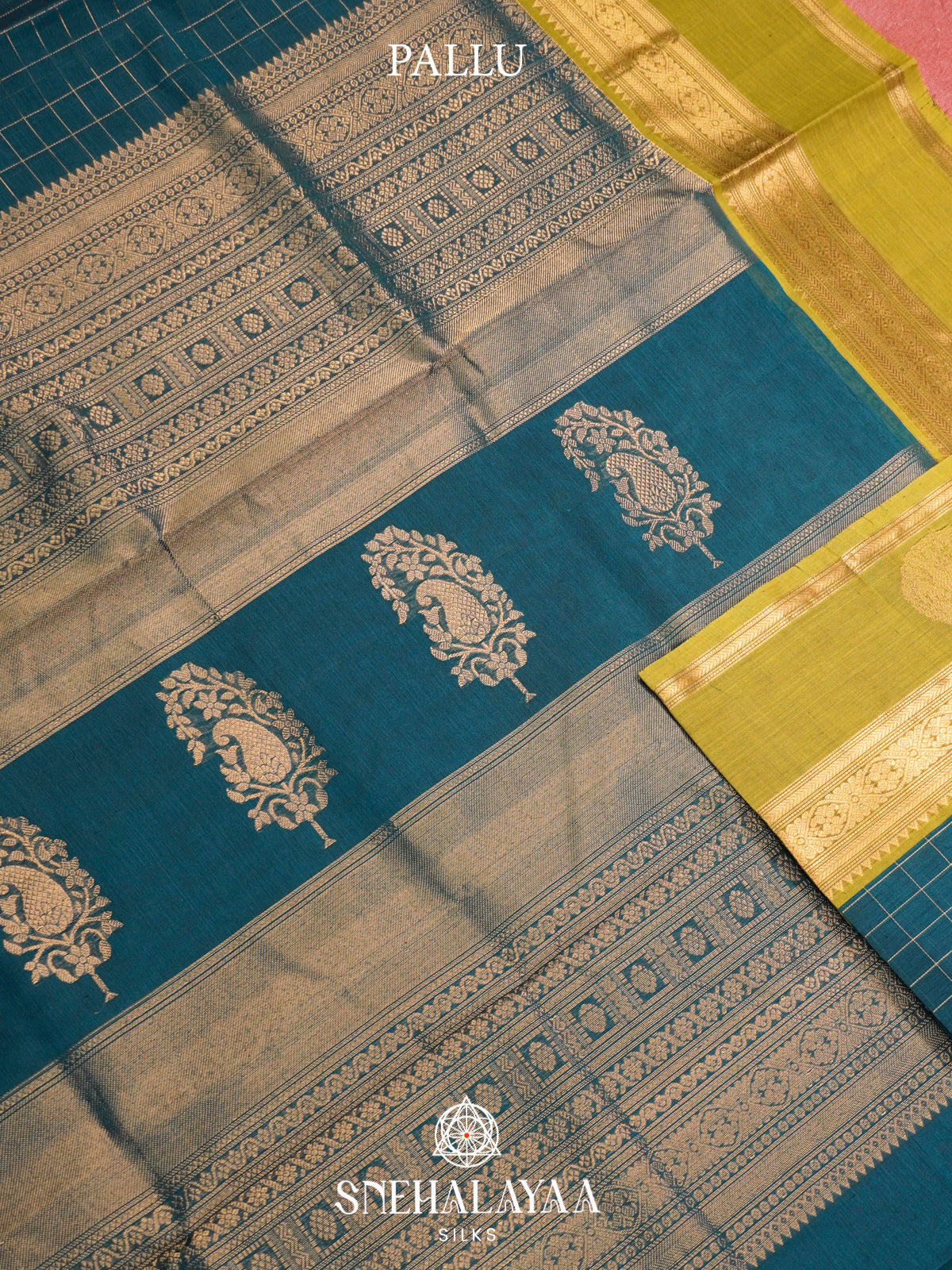 Teal Blue Kanchi Silk Cotton Saree with Zari Checks & Contrast Mustard Border