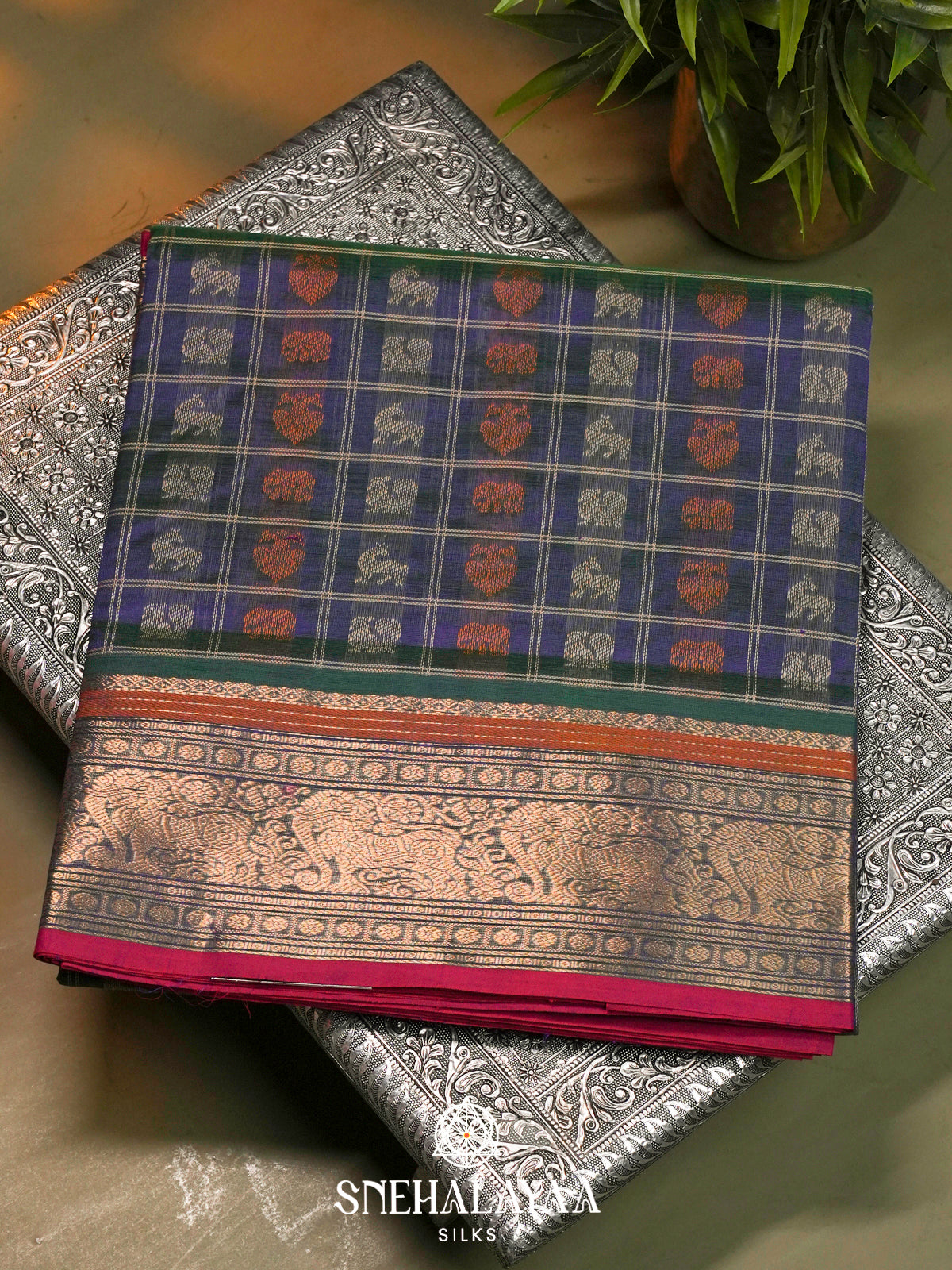 Ink Blue Kanchi Silk Cotton Saree with Multicolored Figurative Checks & Contrast Rani Pink Selvedge