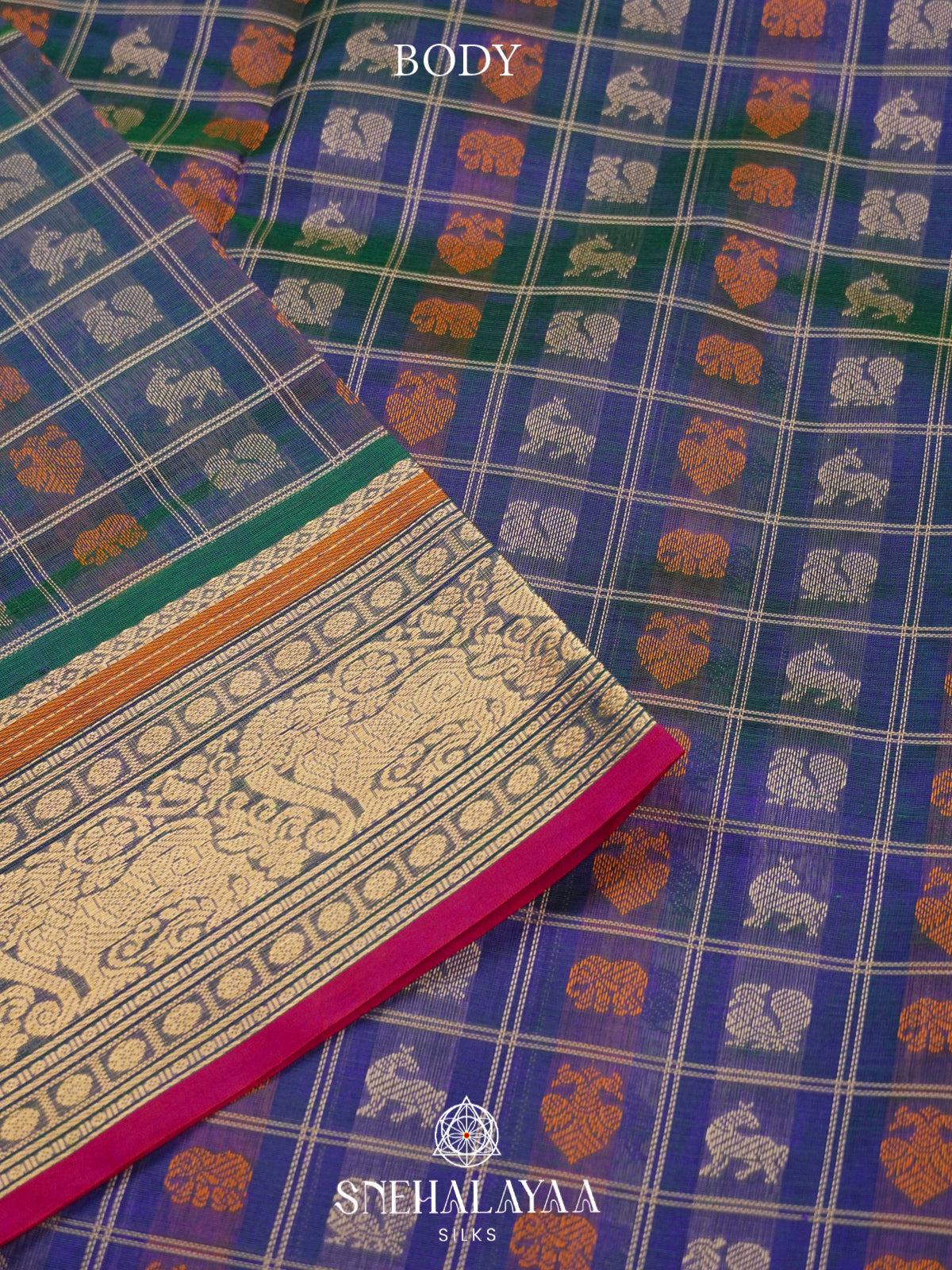Ink Blue Kanchi Silk Cotton Saree with Multicolored Figurative Checks & Contrast Rani Pink Selvedge