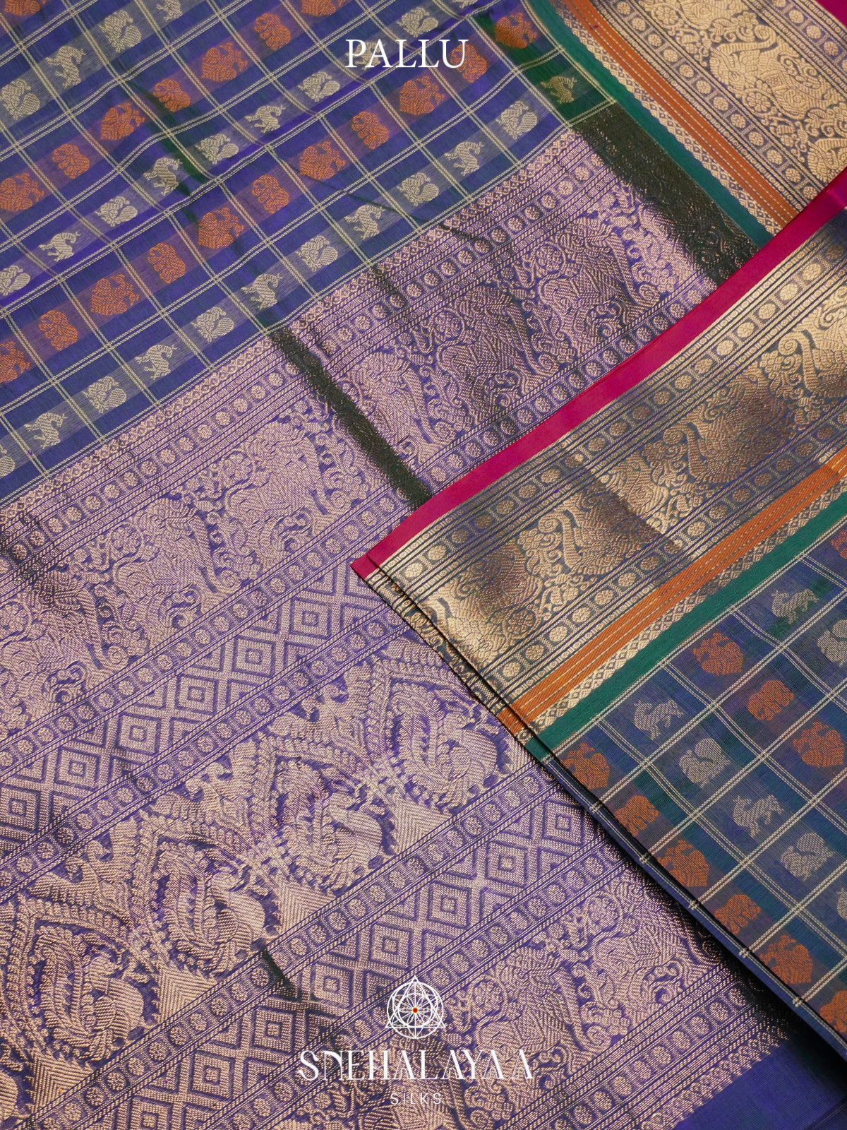 Ink Blue Kanchi Silk Cotton Saree with Multicolored Figurative Checks & Contrast Rani Pink Selvedge