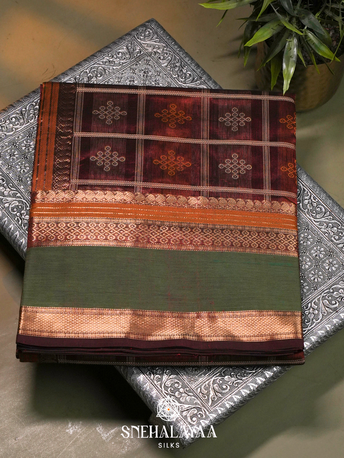 Maroon Kanchi Silk Cotton Saree with Zari Geometric Checks & Contrast Green Border