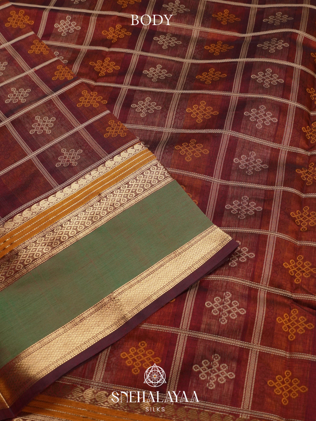 Maroon Kanchi Silk Cotton Saree with Zari Geometric Checks & Contrast Green Border
