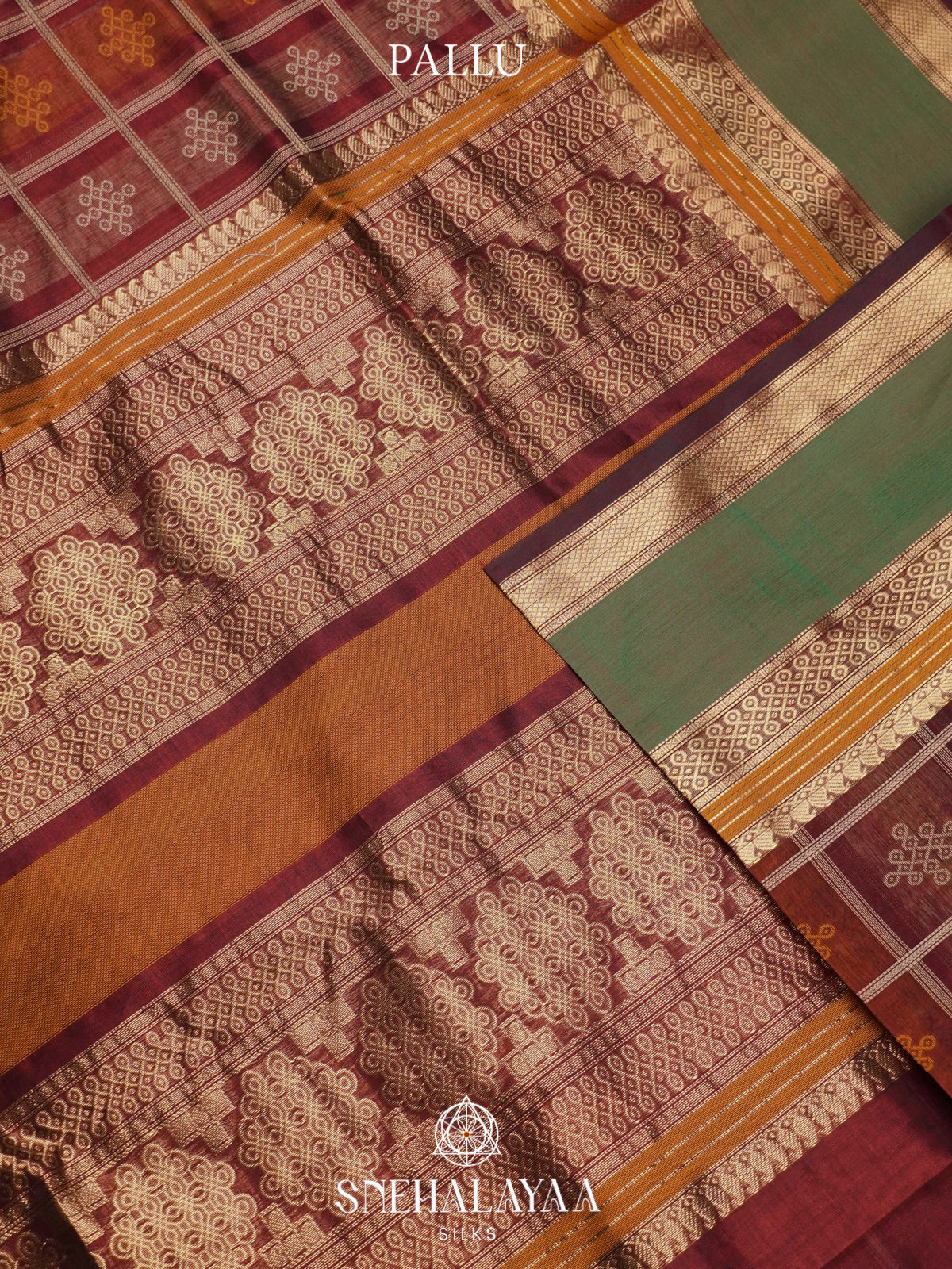 Maroon Kanchi Silk Cotton Saree with Zari Geometric Checks & Contrast Green Border