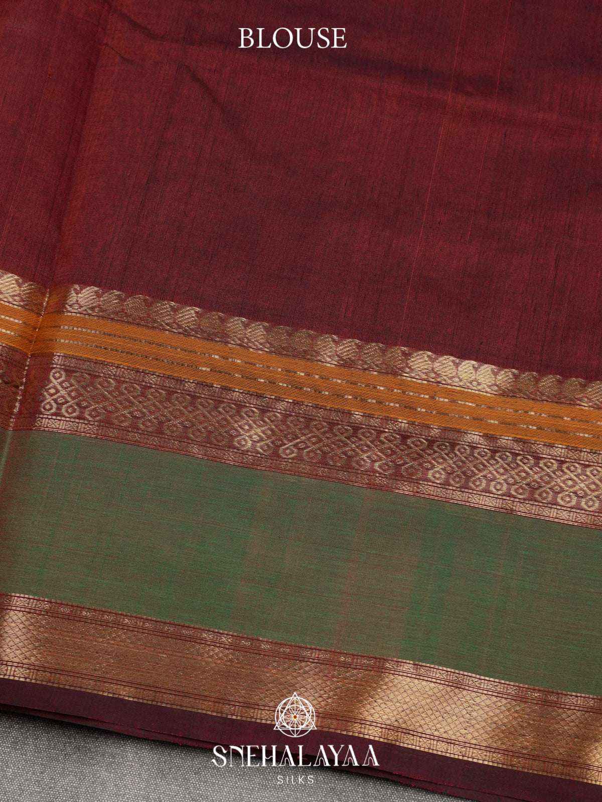 Maroon Kanchi Silk Cotton Saree with Zari Geometric Checks & Contrast Green Border