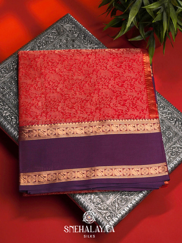 Coral Red Silk Cotton Saree with Jacquard Weave and Royal Purple Border