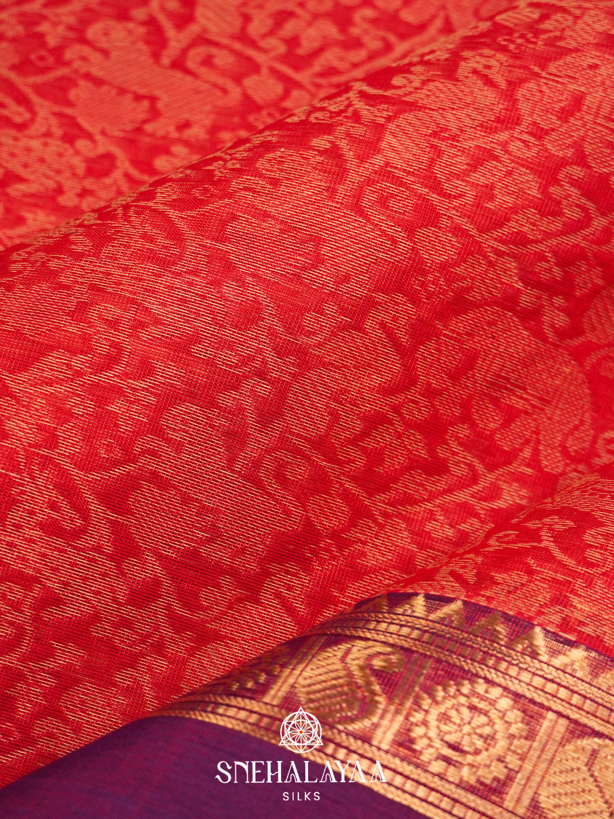 Coral Red Silk Cotton Saree with Jacquard Weave and Royal Purple Border
