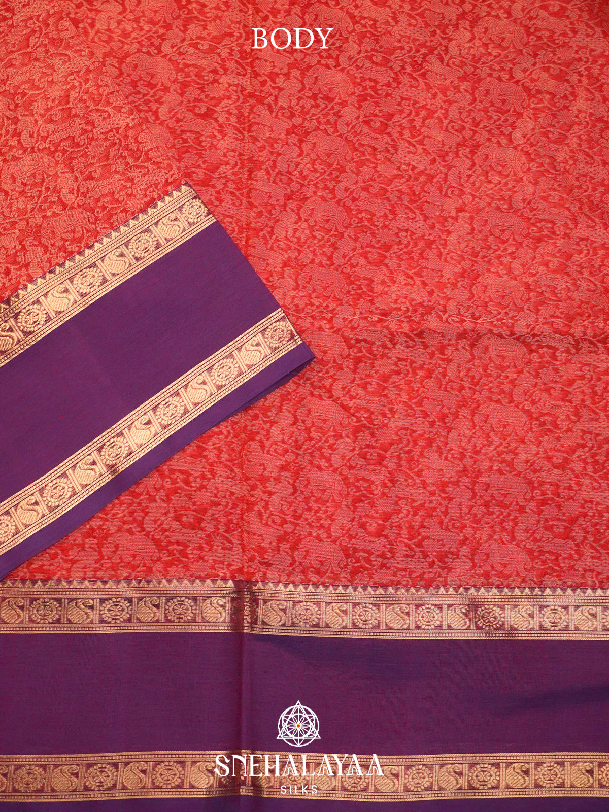 Coral Red Silk Cotton Saree with Jacquard Weave and Royal Purple Border