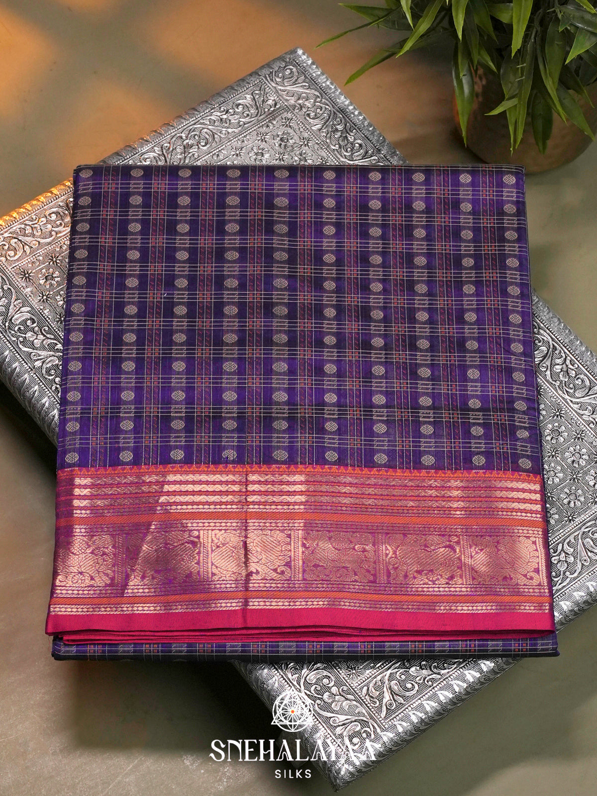 Purple Kanchi Silk Cotton Saree with Zari Muthu Kattam Checks & Heritage Peacock Border
