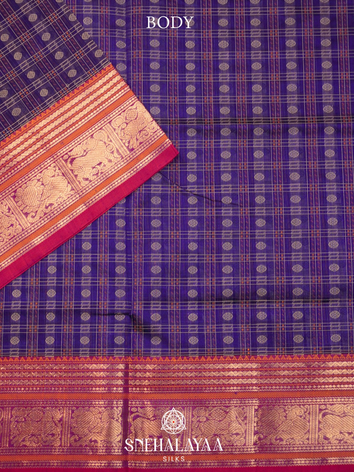 Purple Kanchi Silk Cotton Saree with Zari Muthu Kattam Checks & Heritage Peacock Border
