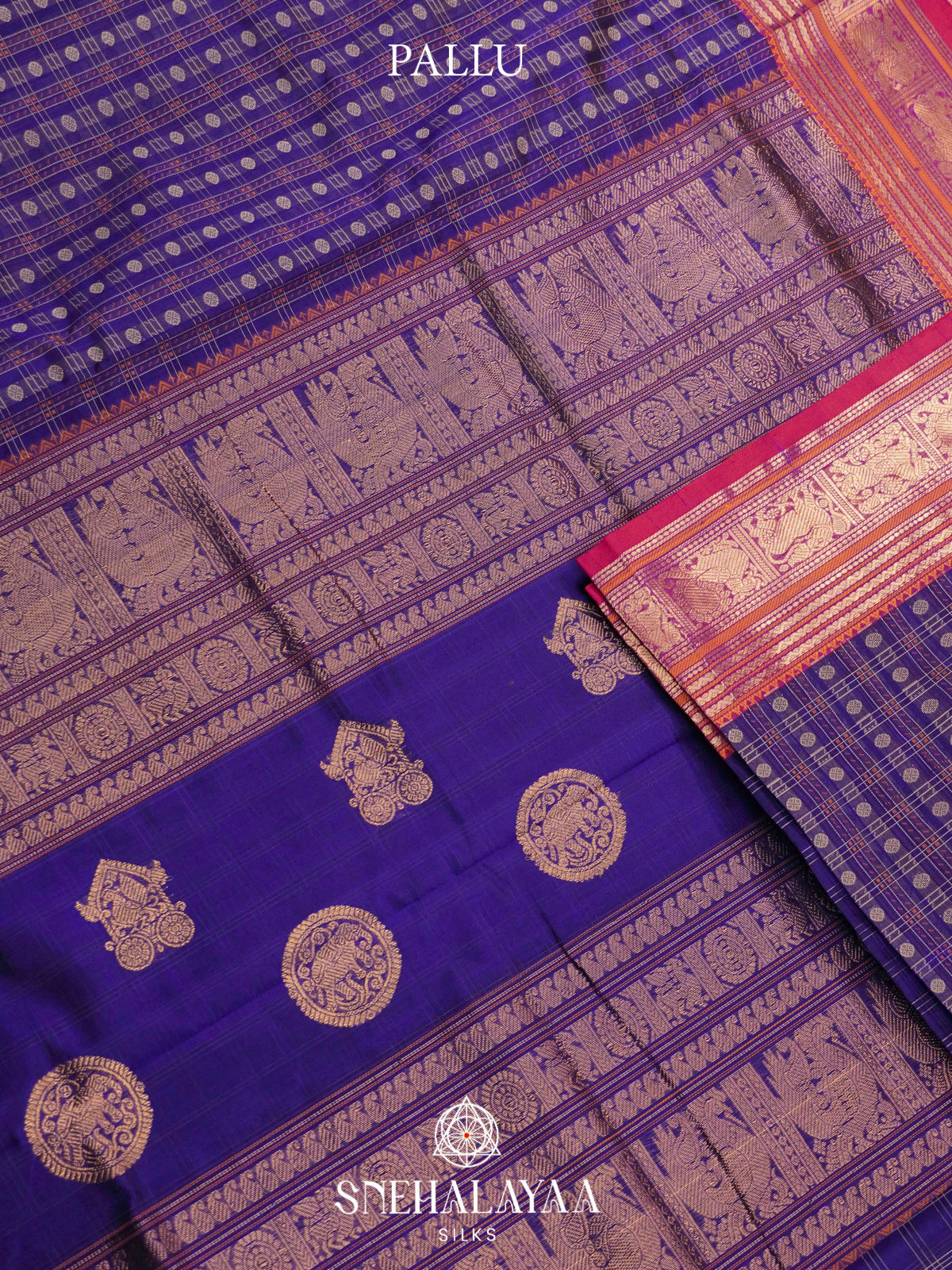 Purple Kanchi Silk Cotton Saree with Zari Muthu Kattam Checks & Heritage Peacock Border