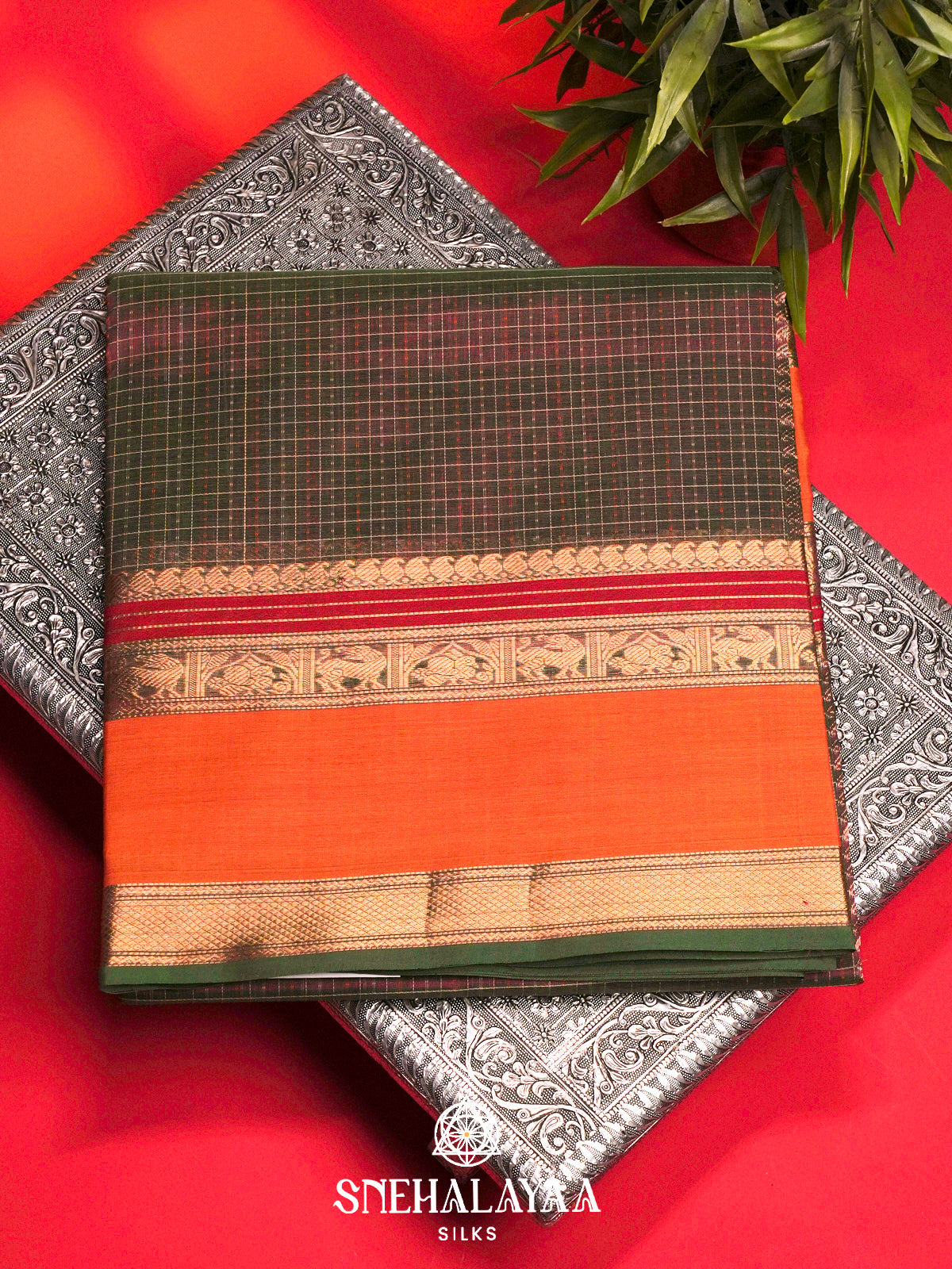 Brown Silk Cotton Saree with Rust Orange Border