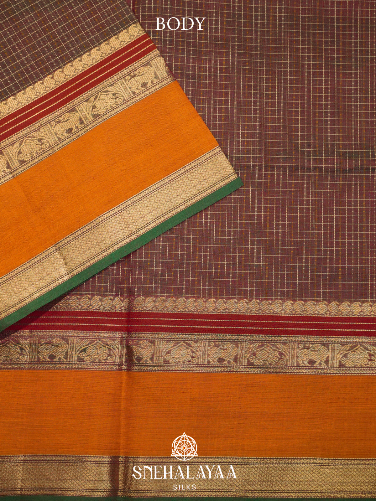 Brown Silk Cotton Saree with Rust Orange Border