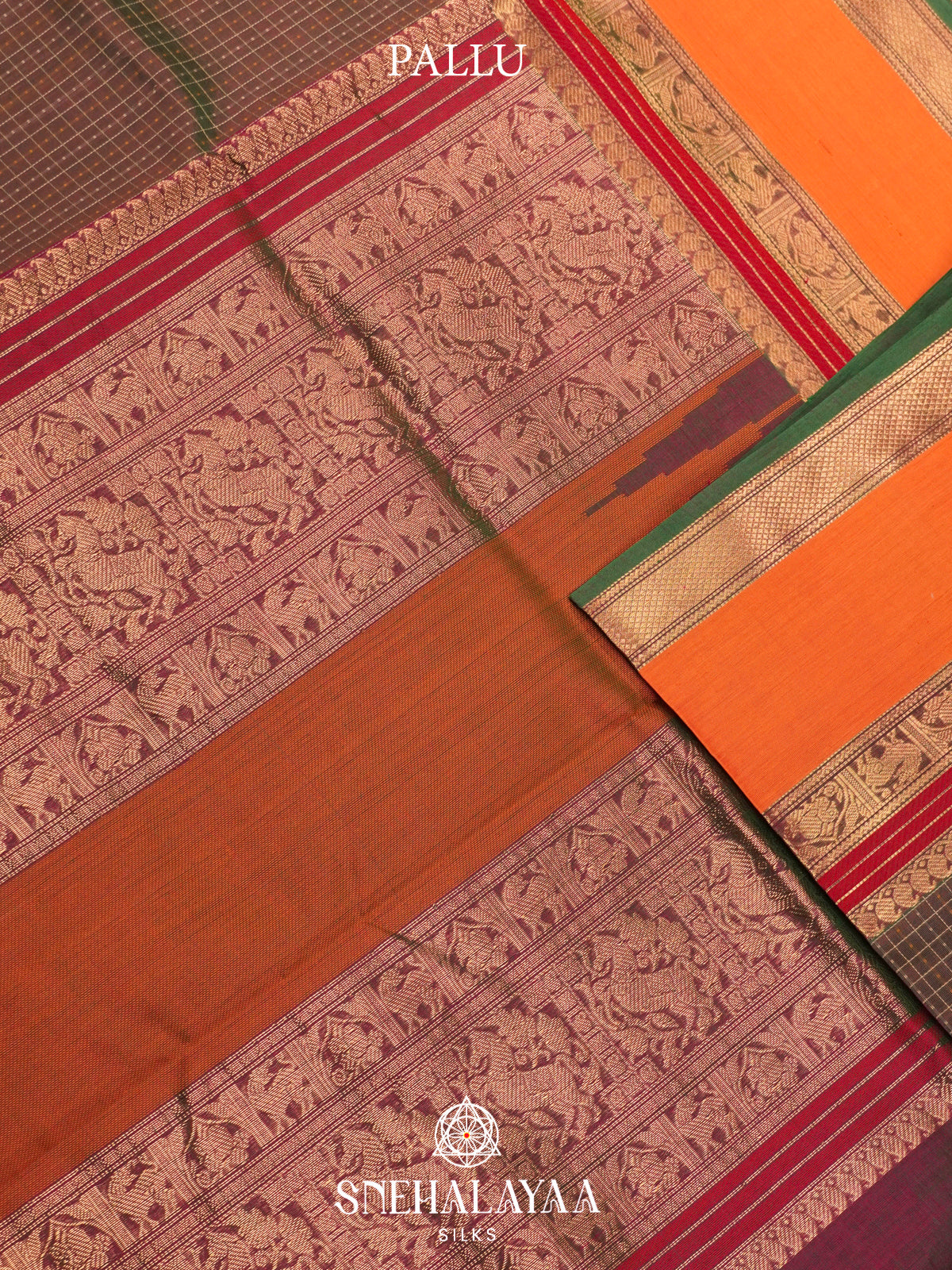 Brown Silk Cotton Saree with Rust Orange Border