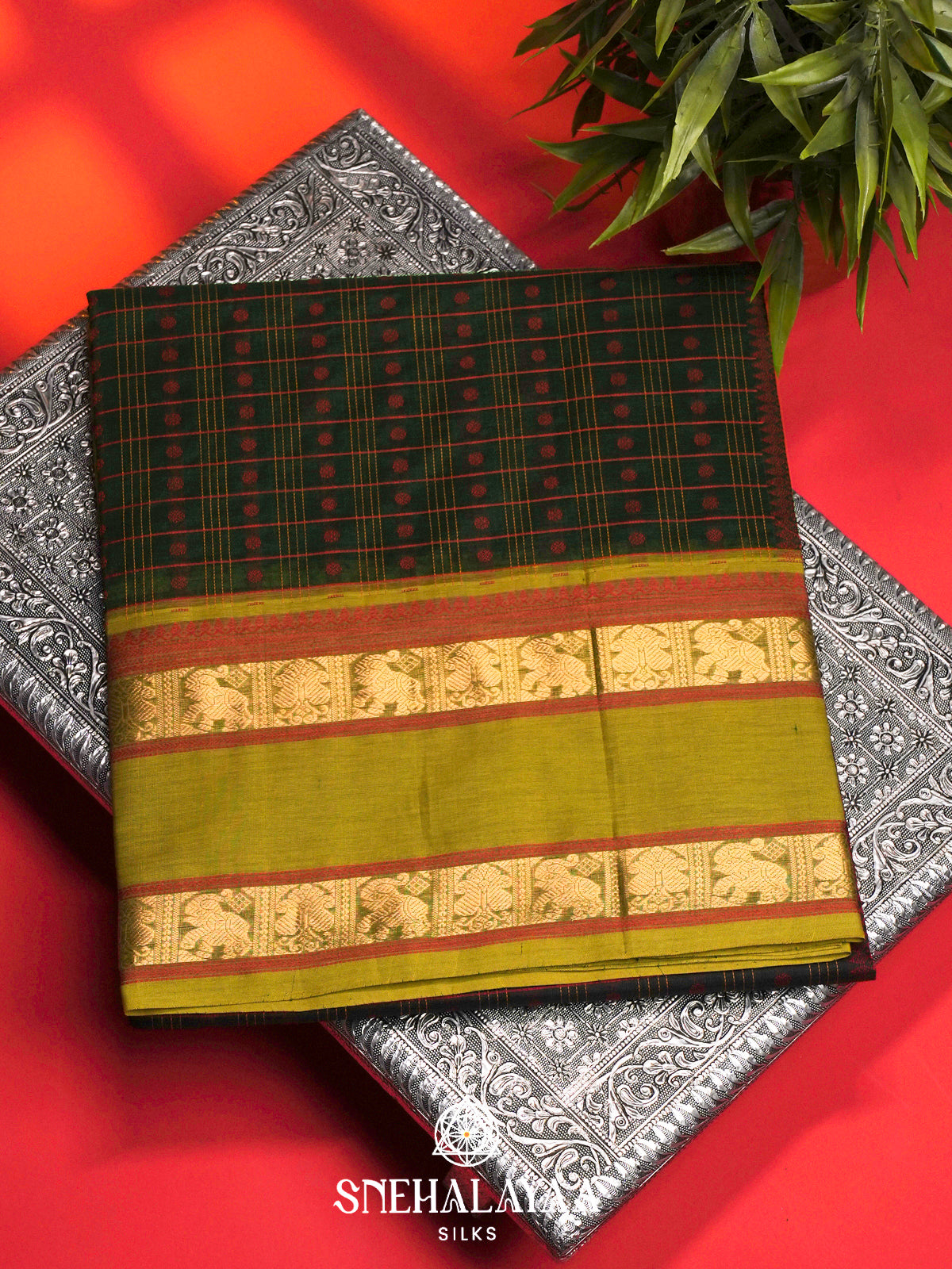 Bottle Green Silk Cotton Saree with Olive Green Border