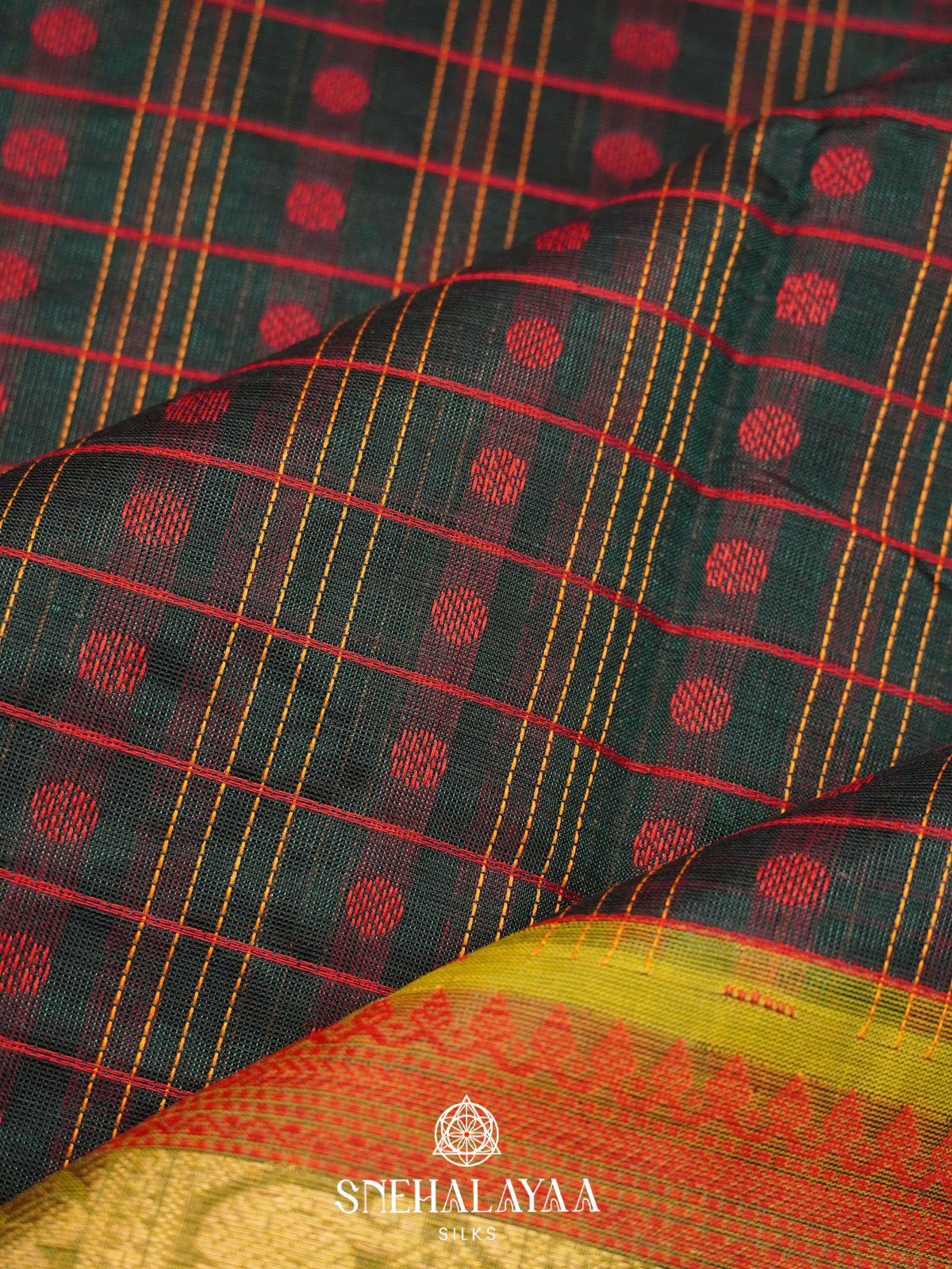 Bottle Green Silk Cotton Saree with Olive Green Border