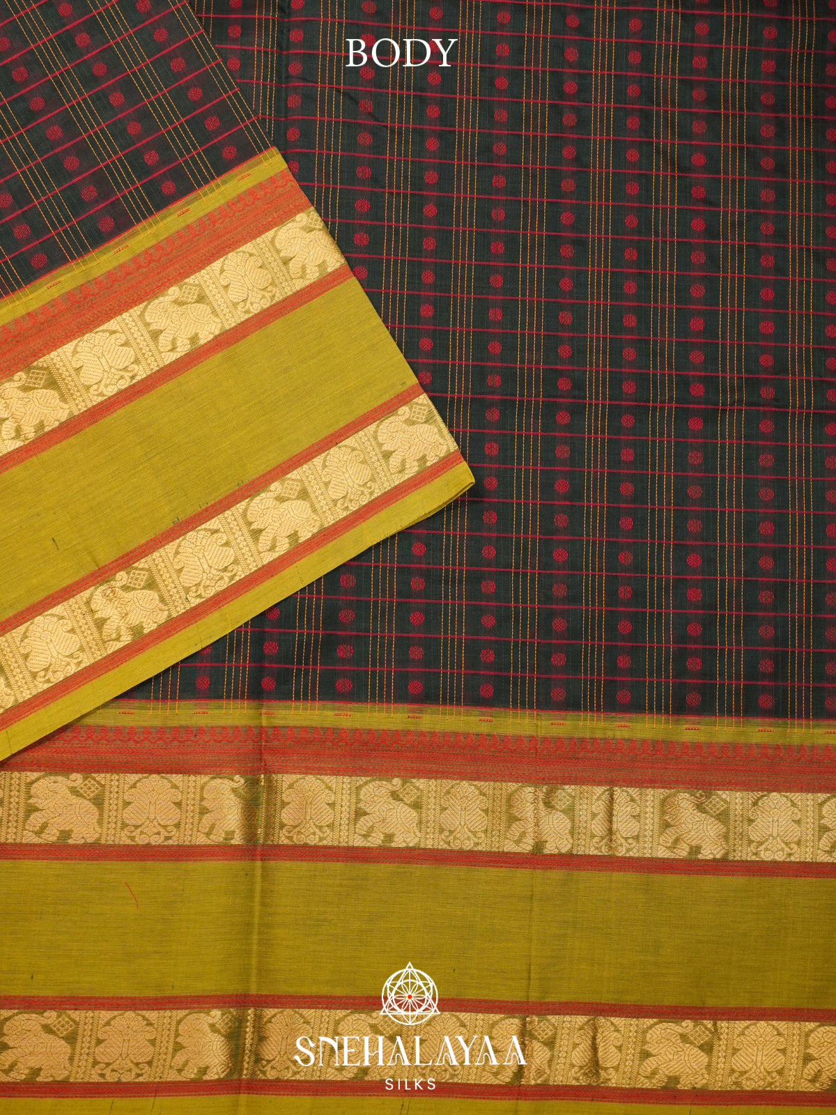 Bottle Green Silk Cotton Saree with Olive Green Border
