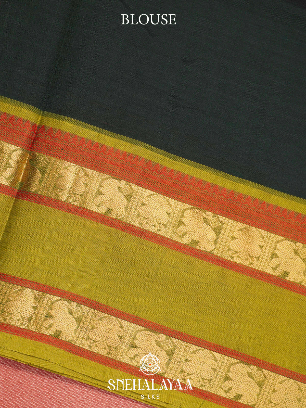 Bottle Green Silk Cotton Saree with Olive Green Border