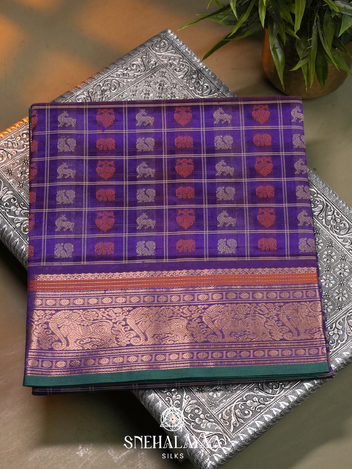Purple Kanchi Silk Cotton Saree with Multicolored Figurative Checks & Contrast Green Selvedge