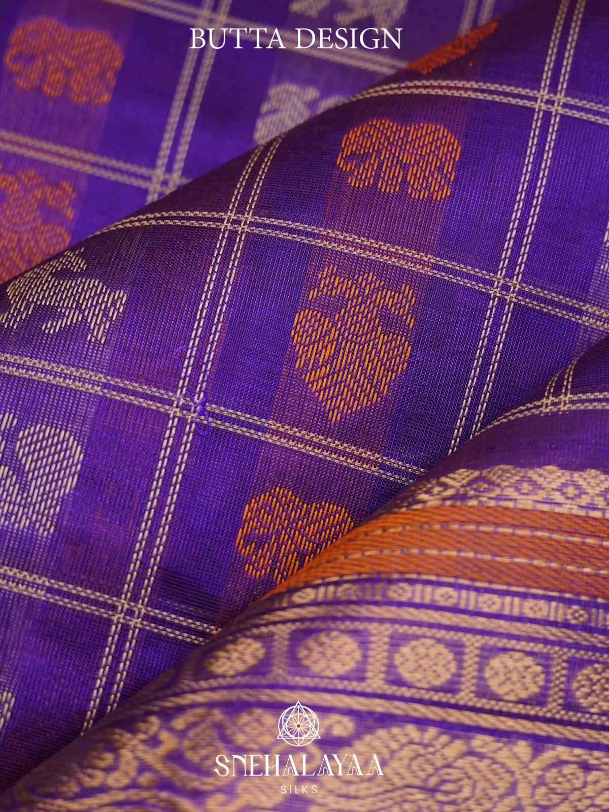 Purple Kanchi Silk Cotton Saree with Multicolored Figurative Checks & Contrast Green Selvedge