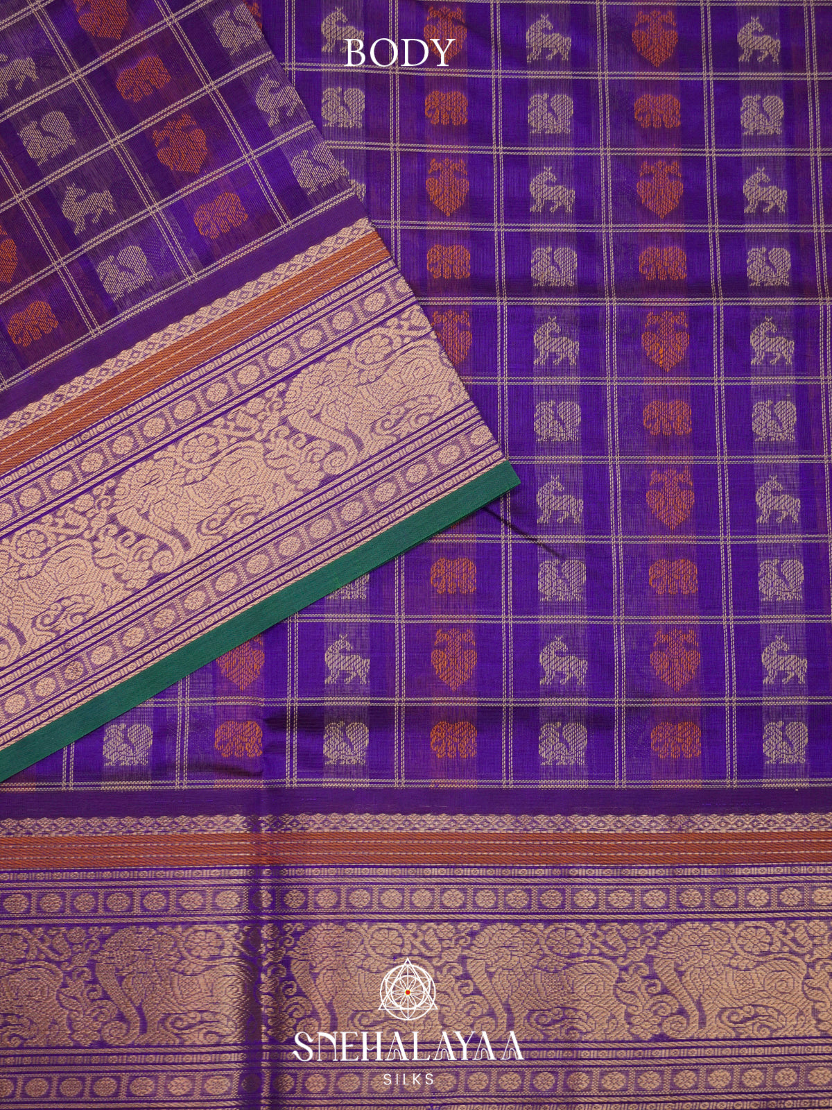 Purple Kanchi Silk Cotton Saree with Multicolored Figurative Checks & Contrast Green Selvedge