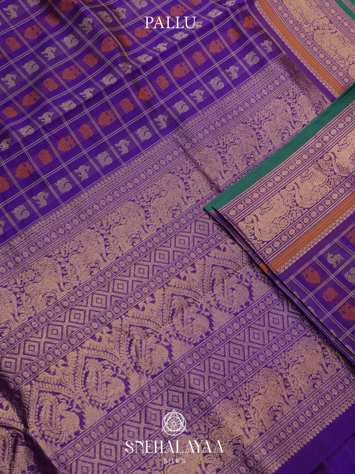 Purple Kanchi Silk Cotton Saree with Multicolored Figurative Checks & Contrast Green Selvedge