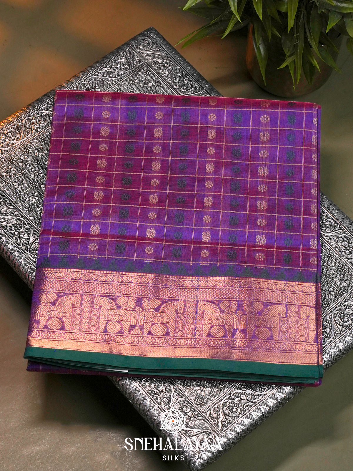 Magenta Purple Kanchi Silk Cotton Saree with Zari Grid Checks & Traditional Horse Border