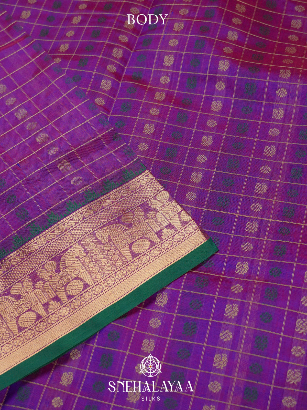 Magenta Purple Kanchi Silk Cotton Saree with Zari Grid Checks & Traditional Horse Border