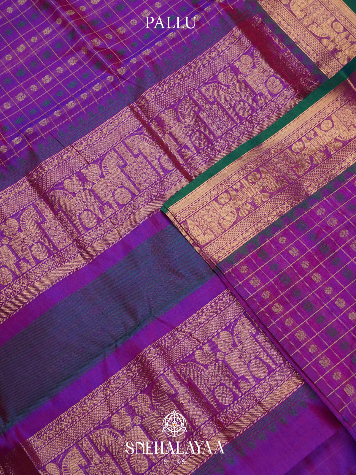 Magenta Purple Kanchi Silk Cotton Saree with Zari Grid Checks & Traditional Horse Border