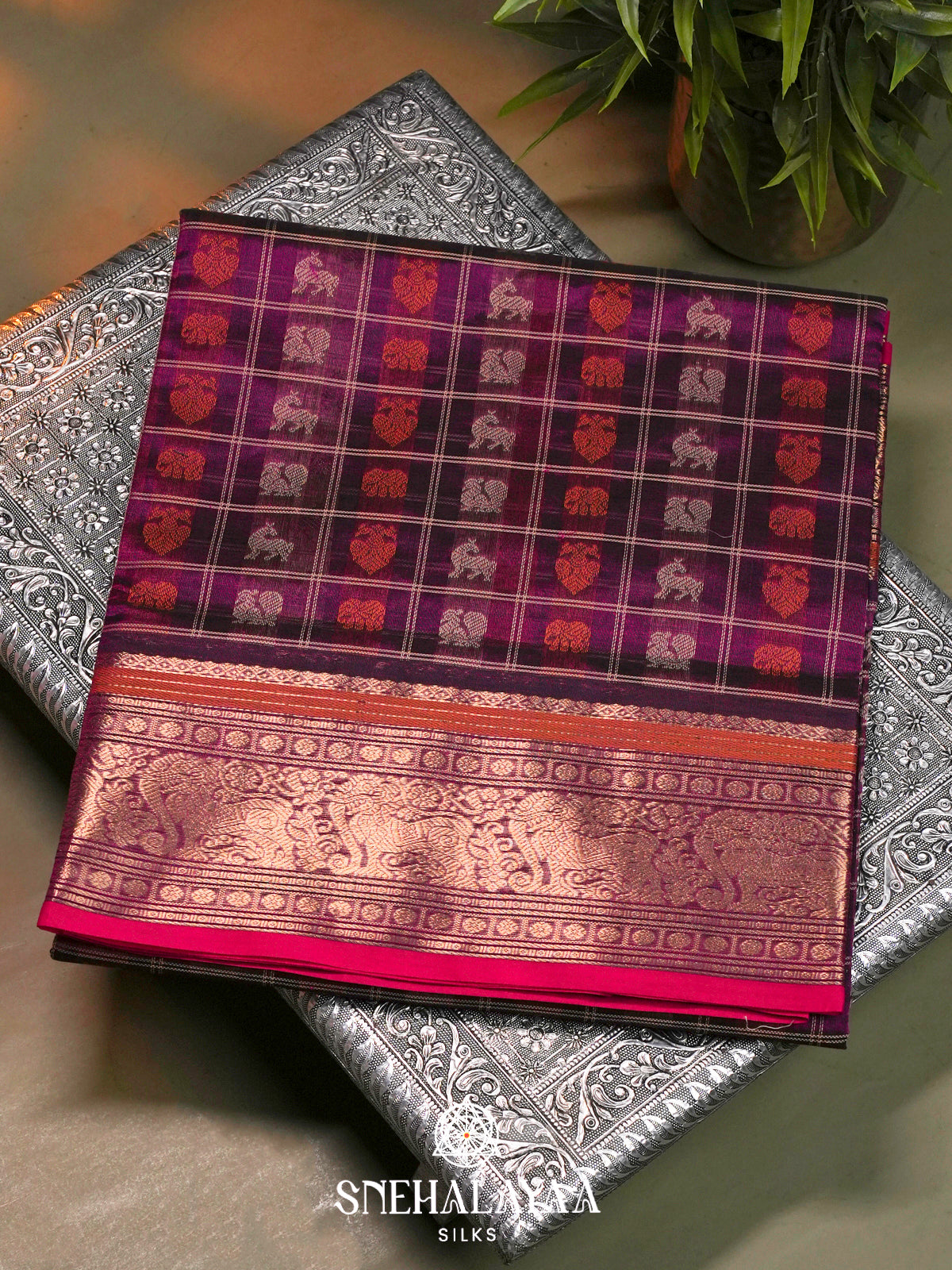 Purple Kanchi Silk Cotton Saree with Multicolored Animal Checks & Contrast Rani Pink Border