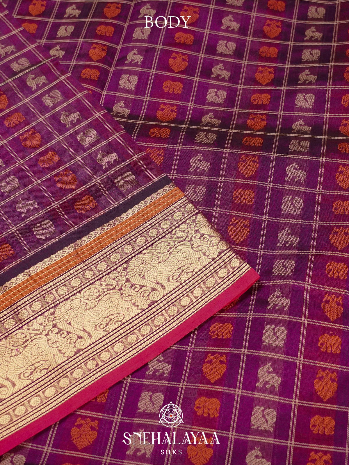 Purple Kanchi Silk Cotton Saree with Multicolored Animal Checks & Contrast Rani Pink Border