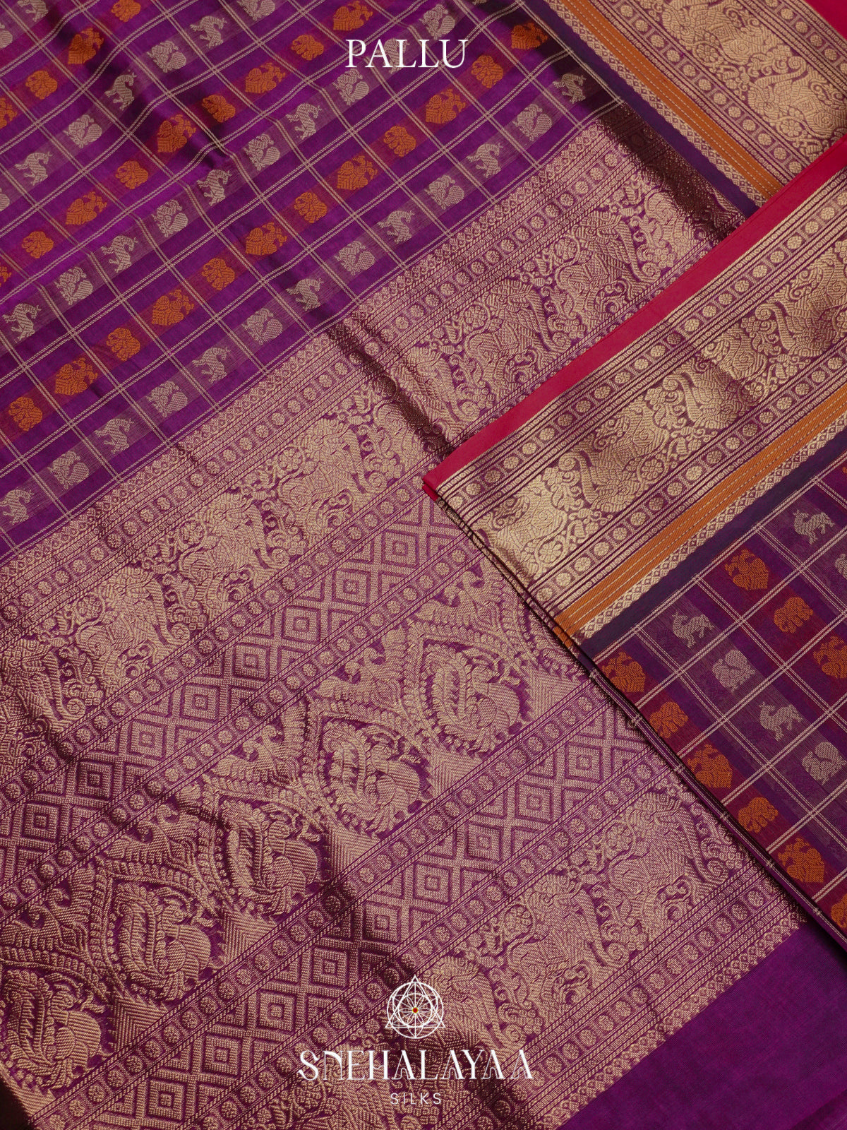 Purple Kanchi Silk Cotton Saree with Multicolored Animal Checks & Contrast Rani Pink Border