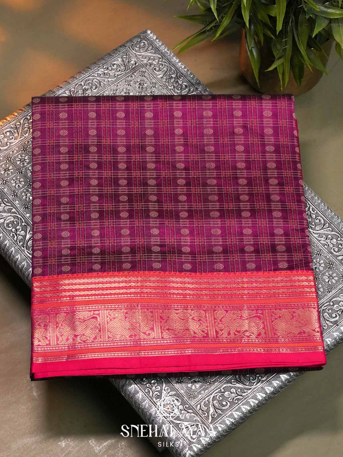Wine Purple Kanchi Silk Cotton Saree with Cream Check Grid & Contrast Crimson Red Border