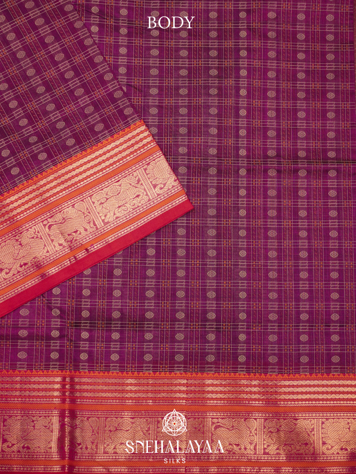 Wine Purple Kanchi Silk Cotton Saree with Cream Check Grid & Contrast Crimson Red Border