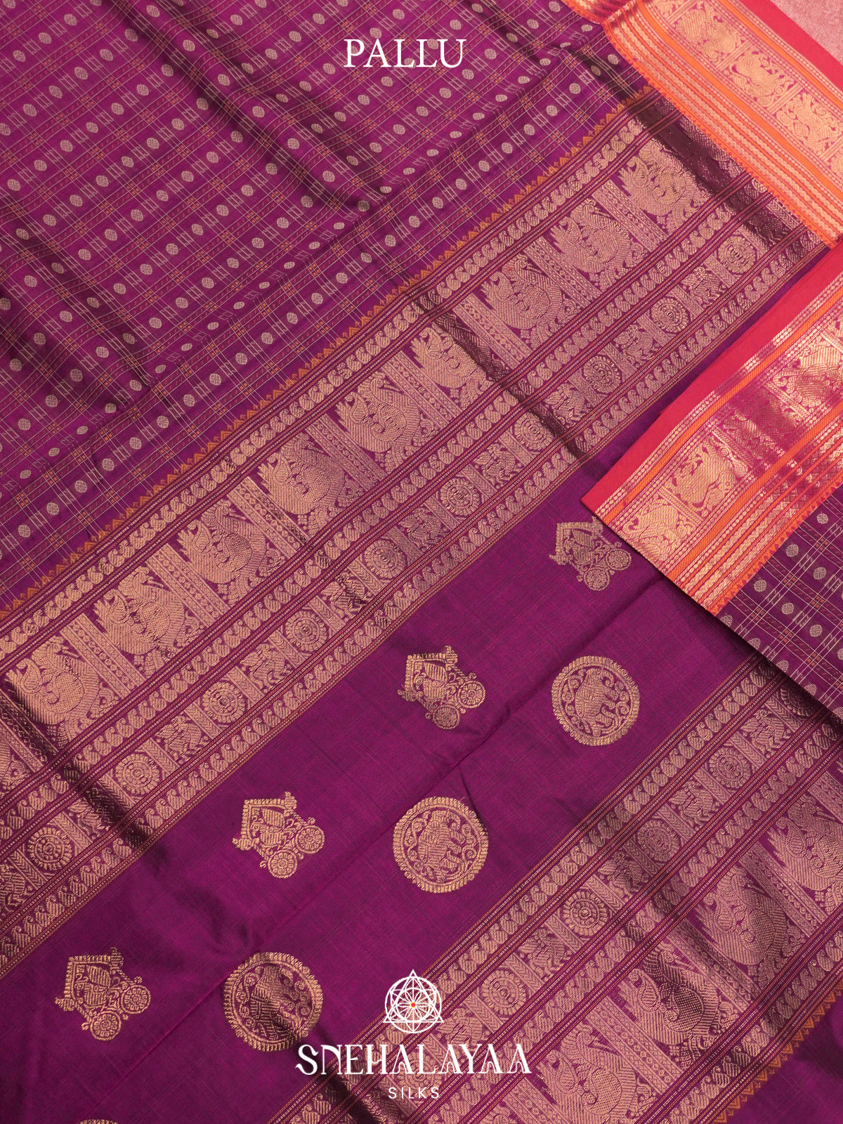 Wine Purple Kanchi Silk Cotton Saree with Cream Check Grid & Contrast Crimson Red Border