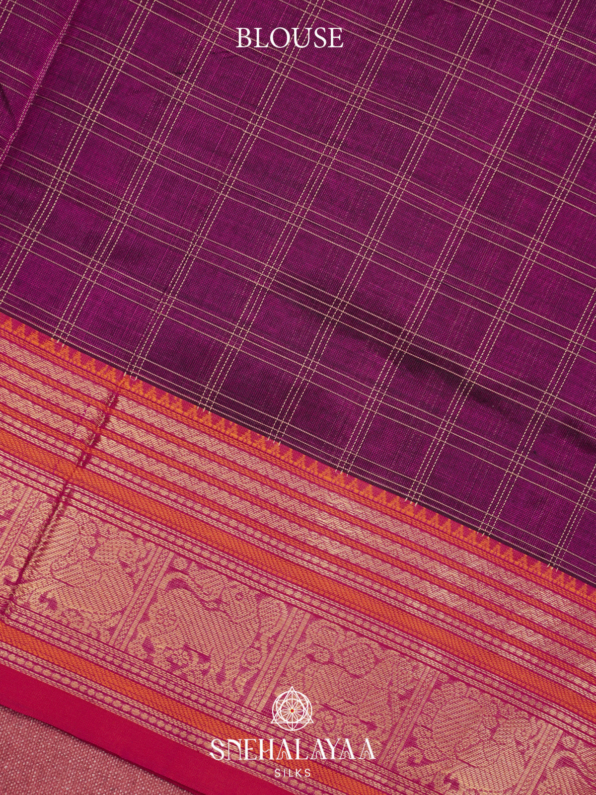 Wine Purple Kanchi Silk Cotton Saree with Cream Check Grid & Contrast Crimson Red Border