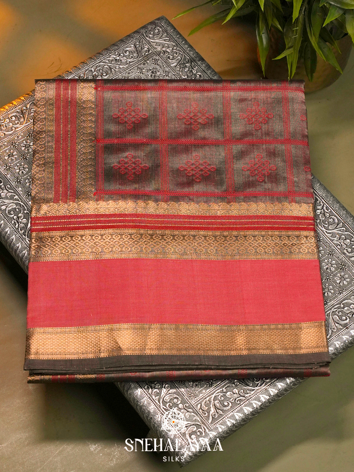 Brown Kanchi Silk Cotton Saree with Red Geometric Checks & Contrast Coral Pink Border