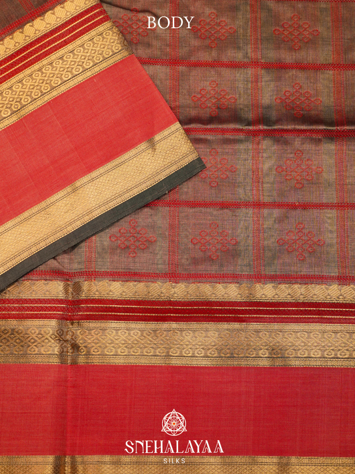 Brown Kanchi Silk Cotton Saree with Red Geometric Checks & Contrast Coral Pink Border