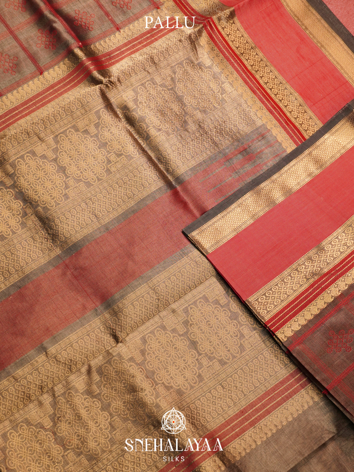 Brown Kanchi Silk Cotton Saree with Red Geometric Checks & Contrast Coral Pink Border