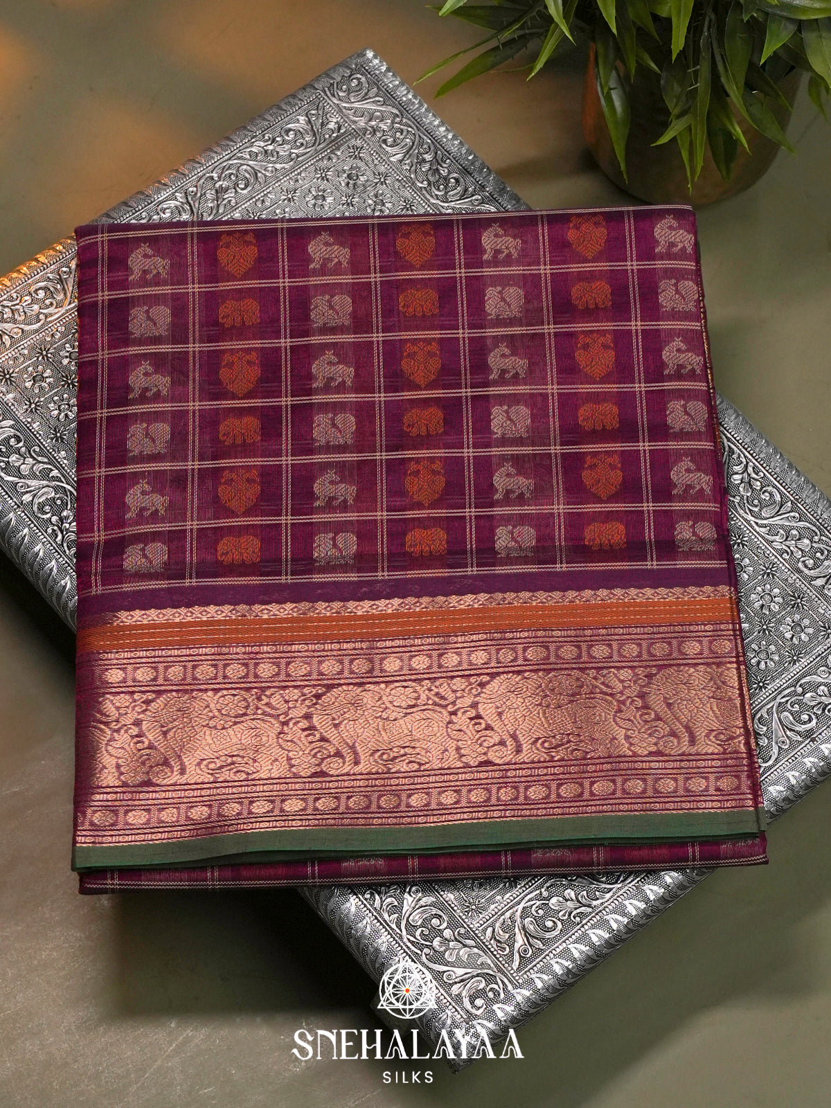 Purple Kanchi Silk Cotton Saree with Multicolored Animal Checks & Contrast Dark Green Border
