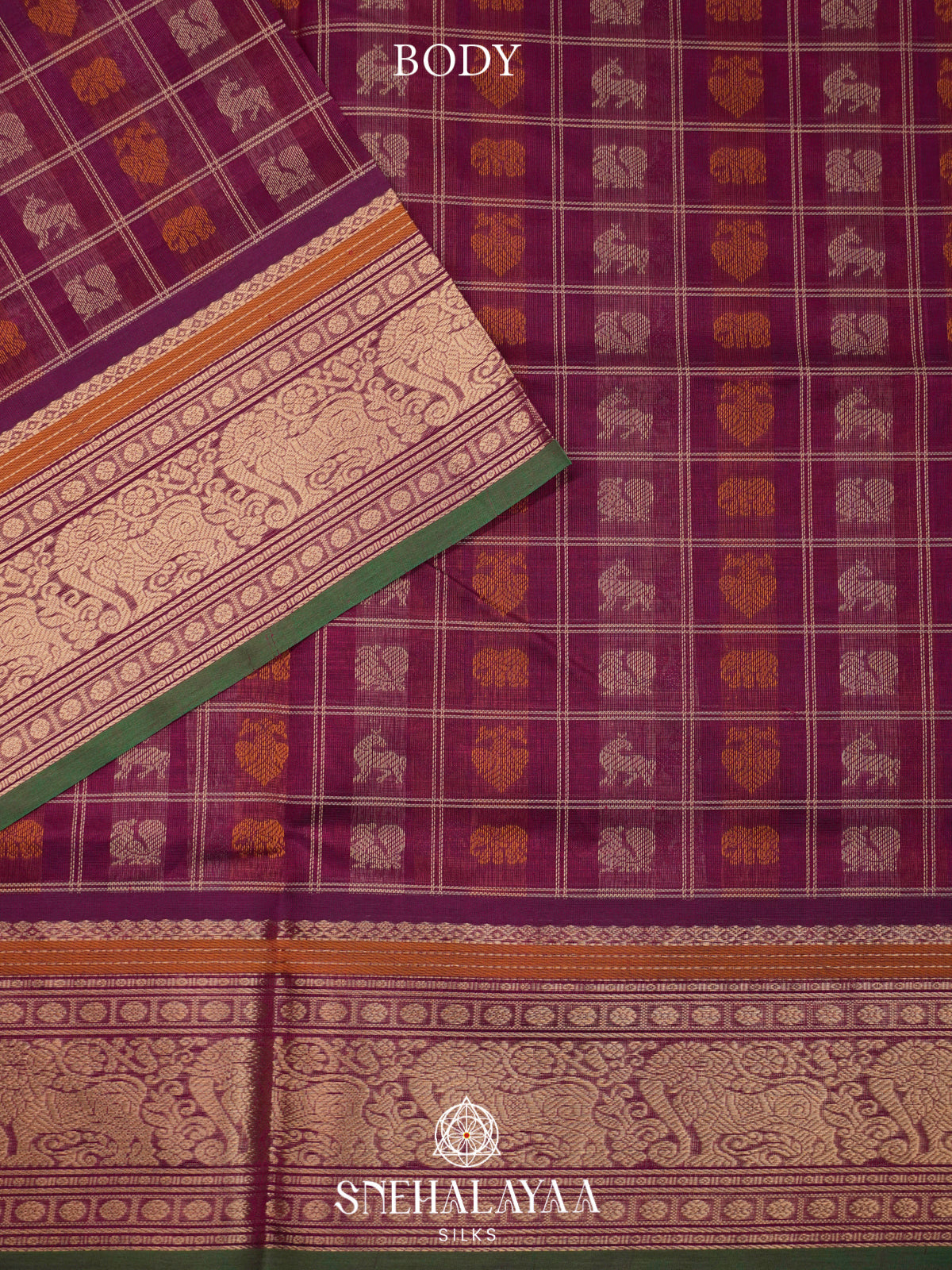 Purple Kanchi Silk Cotton Saree with Multicolored Animal Checks & Contrast Dark Green Border