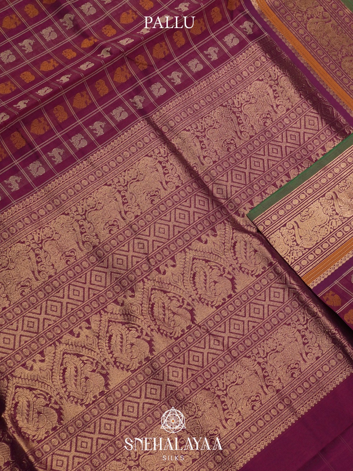 Purple Kanchi Silk Cotton Saree with Multicolored Animal Checks & Contrast Dark Green Border