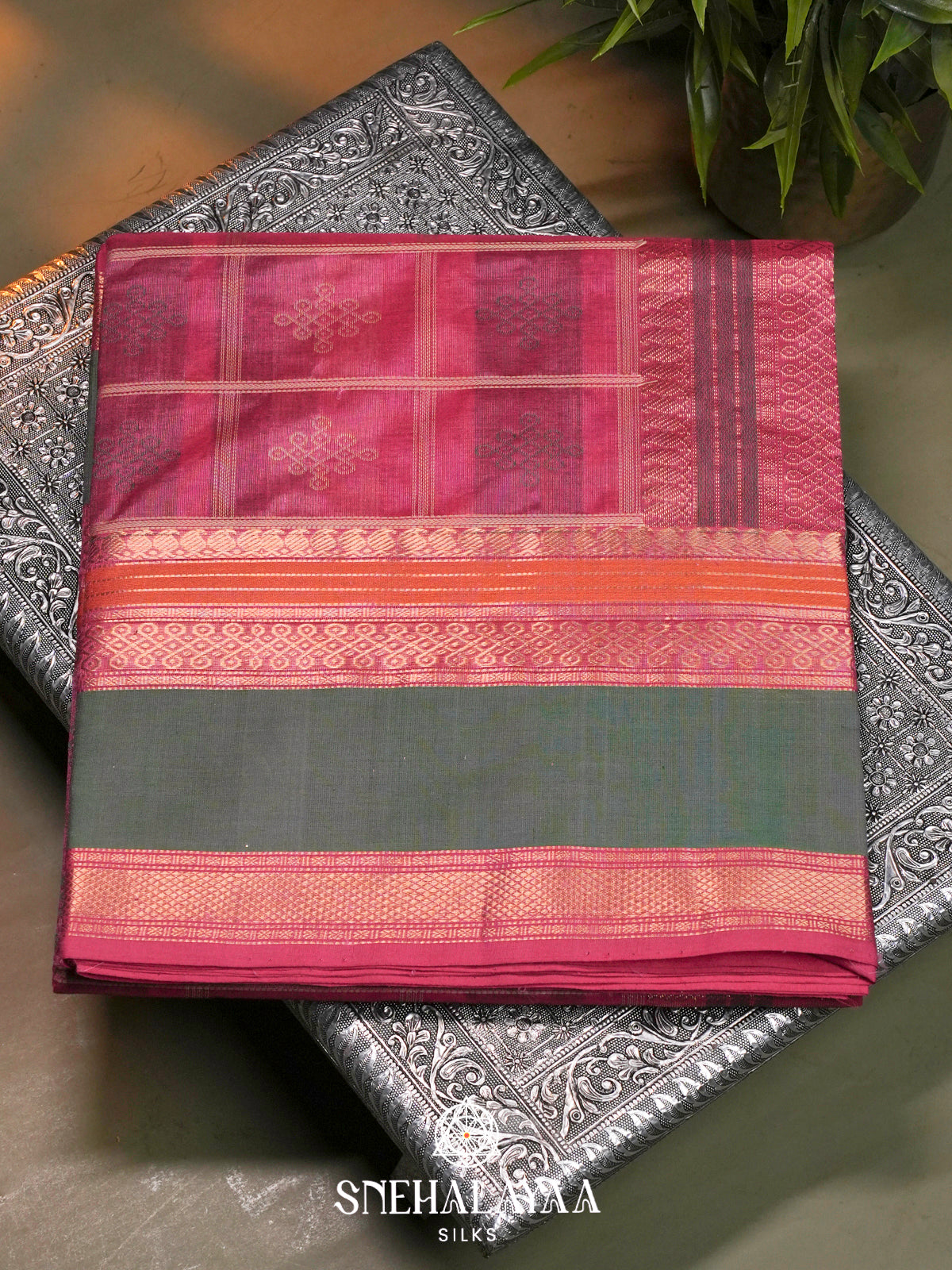 Magenta Pink Kanchi Silk Cotton Saree with Cream Geometric Checks & Contrast Sage Green Border