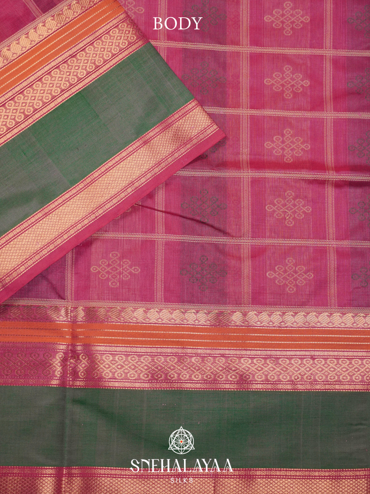 Magenta Pink Kanchi Silk Cotton Saree with Cream Geometric Checks & Contrast Sage Green Border