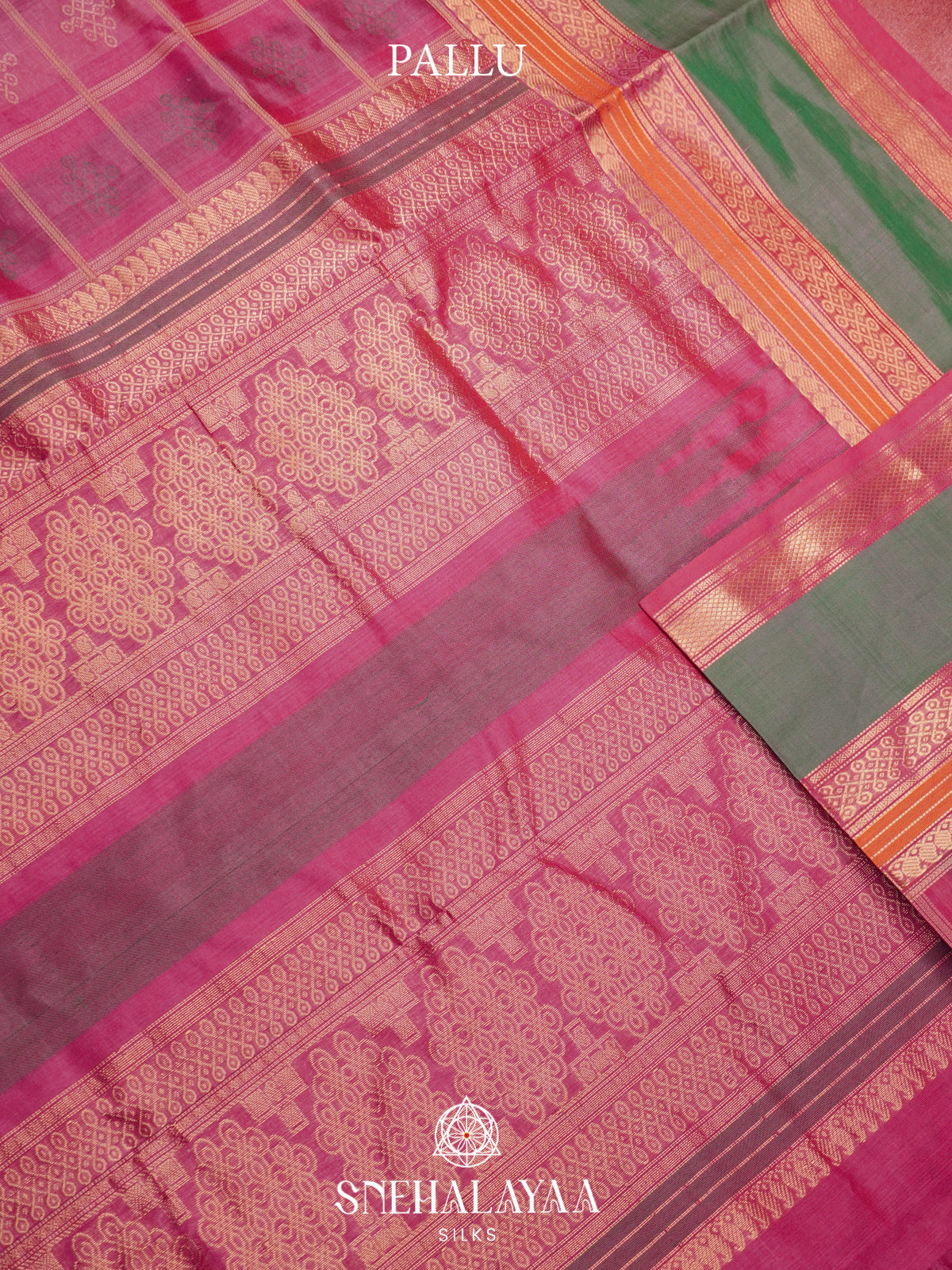 Magenta Pink Kanchi Silk Cotton Saree with Cream Geometric Checks & Contrast Sage Green Border