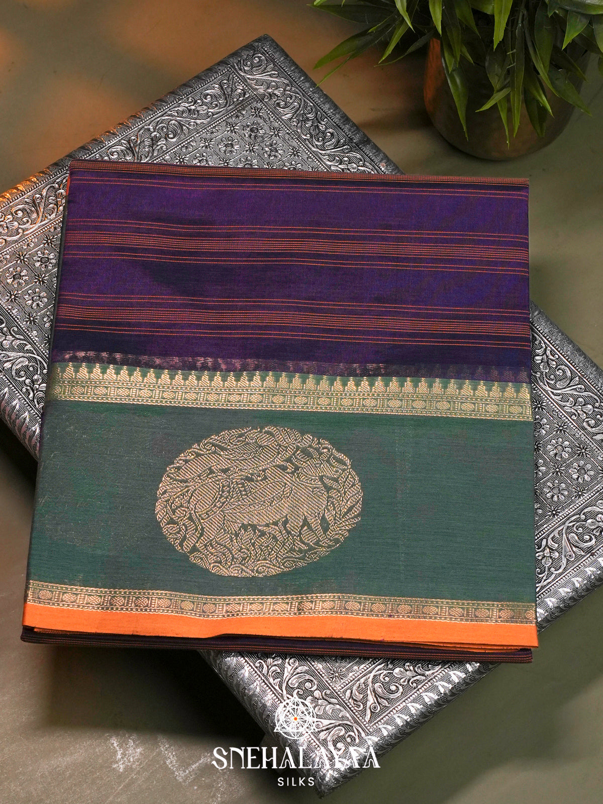 Purple Kanchi Silk Cotton Saree with Orange Stripes & Contrast Forest Green Medallion Border