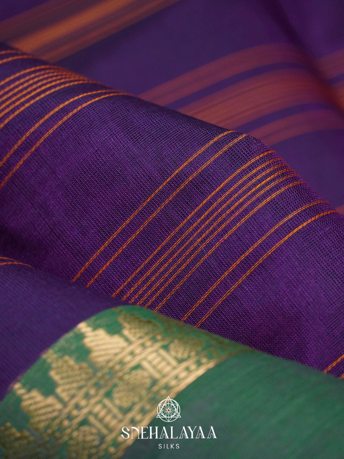 Purple Kanchi Silk Cotton Saree with Orange Stripes & Contrast Forest Green Medallion Border