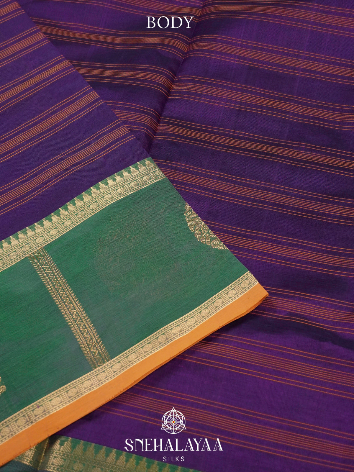 Purple Kanchi Silk Cotton Saree with Orange Stripes & Contrast Forest Green Medallion Border